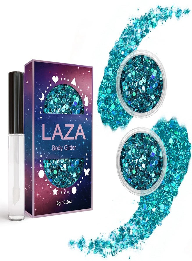 Laza Body Glitter, 2 Jars Holographic Chunky Sequins with Glitter Glue Perfect for Women Eyeshadow Makeup Face Paint Festival Rave Outfits Hair Accessories Carnival Party Costumes - Cyan Blue - Image 1